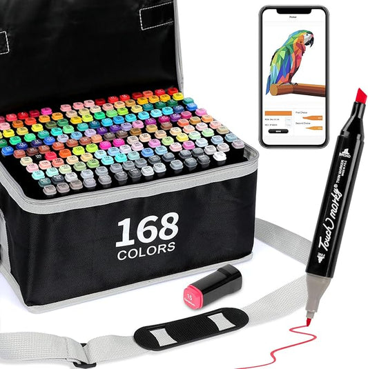 168+2 Colors Alcohol Markers with Free App, Chisel & Fine Tip Alcohol-Based Marker Set for Adults Kids, Dual Tip Artist Markers for Drawing, Coloring Illustration, Painting and Great Gift Idea