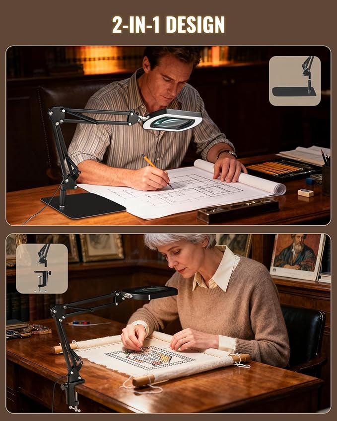 10X Square Magnifying Glass with Light and Stand, 2-in-1 LED Lighted Desk Lamp & Clamp, 5 Color Modes Stepless Dimmable, Hands-Free Magnifier Desk Lamp for Reading Craft Close Work B01DL05