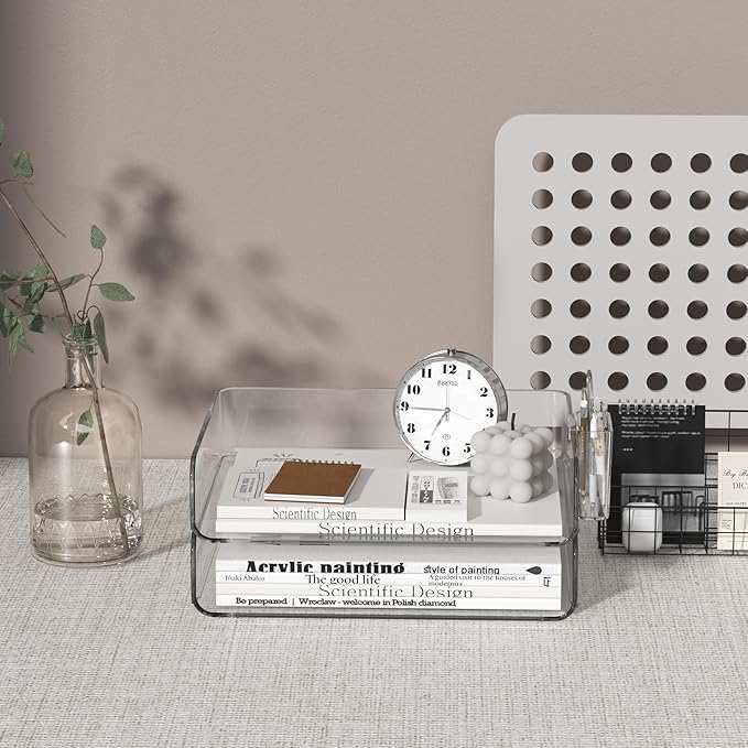 2-Tier Office Organizer with Pen Holder, Stackable Paper Tray for Files, Letters, Books, Clear Paper Folder