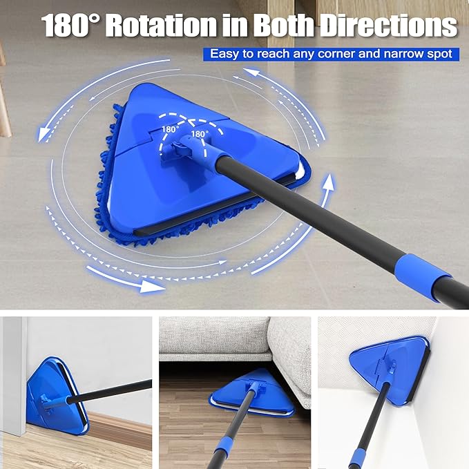 Dolanx Wall Mop Cleaner Long Handle 80 inches, 180° Folding Ceiling Washer Scrubber and Squeegee, Triangle Baseboard Cleaning Tool Duster with 6 Microfiber Chenille Pads for Painted Walls Window Floor