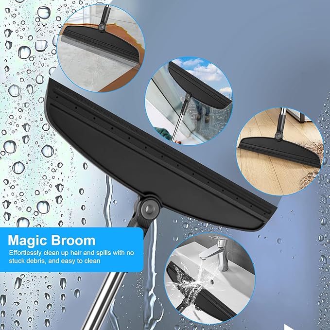 UDUK Broom with Dustpan Combo Set and Silicone Air Broom Kit, 51" Long Handle Floor Squeegee, Black Household Kit for Glass Window Rugs Pet Hair Home