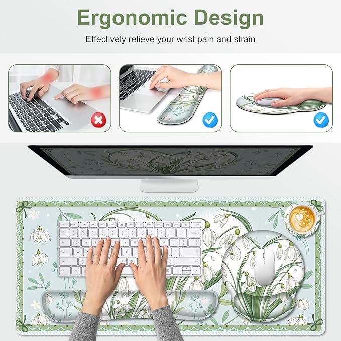 Floral Desk Mat, 4in1 Large Mouse Pad with Wrist Rest, Desk Matt for Desktop, Desk Pad Mat, Anti-Slip XXL Big Computer Ergonomic Mousepad with Wrist Support for Keyboard and Mouse I Green Flower Heart