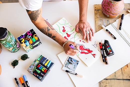 Uni Posca Paint Markers, 5M Medium Acrylic Markers with Reversible Tips, Art Supplies For Fabric, Metal, Glass, Rocks, Wood and Canvas, Assorted Colors, Set of 29