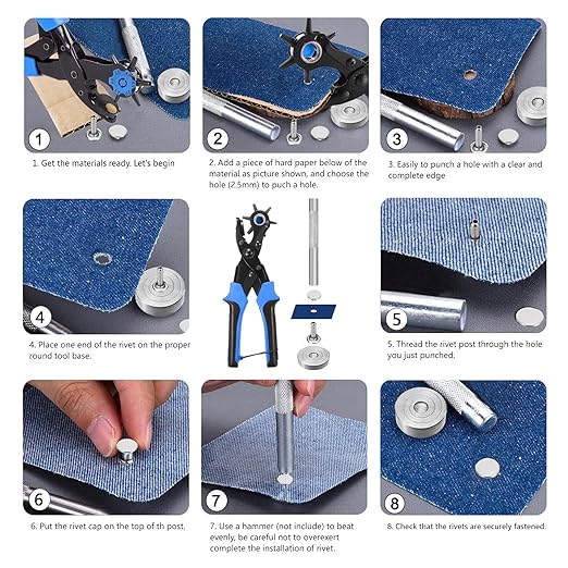 Belt Hole Puncher with 240 Sets of Leather Rivets - Updated Hole Sizes Puncher for Belt, Watch Band, Strap, Dog Collar, Saddle, Shoes, Fabric, DIY Home or Craft Project