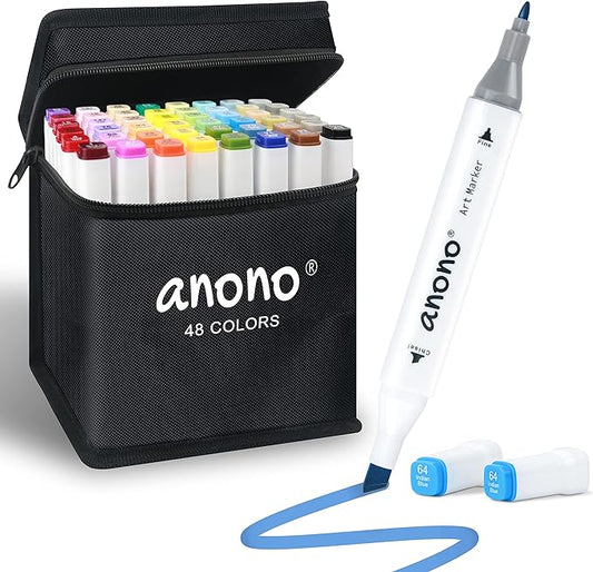 anono 48 Colors Alcohol Markers Set, Coloring Markers with Chisel and Fine Tips, Includes Carrying Case, Suitable for Book Painting and Coloring, White Barrel