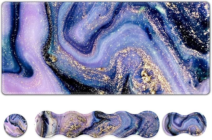 Upgraded Extended Gaming Mouse Pad, Keyboard Wrist Rest Pad, Wrist Support Mousepad Set, Artso Large Stable Rubber Base Stitched Edge Desk Pad (35 x15.5 in) for Work, Office, Home, Purple Marble