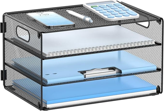 DALTACK 3 Tier Letter Tray Paper Organizer with Handle, Mesh Desk File Organizer, Paper Tray Desk Organizer for School Office Home, Metal Mesh, Black