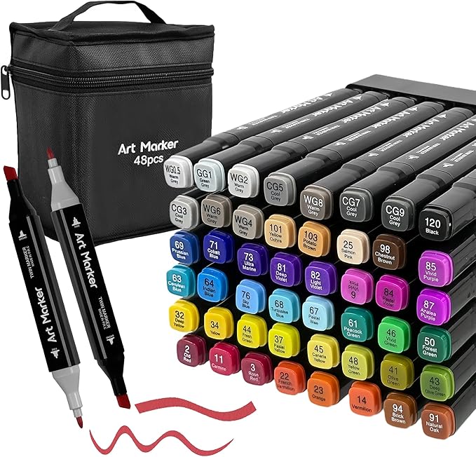 Markers 48 Colors - Dual Tip Alcohol Based Markers for Kids, Students & Adults - Quick Drying, Blendable Art Marker for Coloring Books, Art Projects, School Drawing With Portable Storage Bag