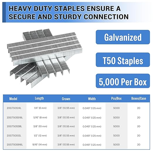 meite T50 Staples, 5/16 Inch Length Heavy Duty Staples for Staple Gun, Galvanized, 20 Gauge 3/8 Inch Crown, Compatible with T50 Staple Gun, Ideal for Upholstery, Construction, Furniture (5,000 Counts)