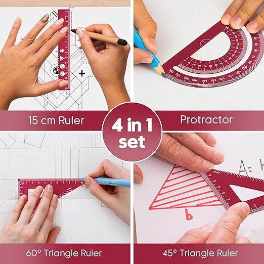 MSDADA Triangle Ruler, Protractor, Square and Ruler Set, 4 Pieces Aluminum Alloy Ruler, Metal Drafting Ruler Kit, Geometric Protractor for Student, School, Home, Office (Red, 15cm/5.9inch)