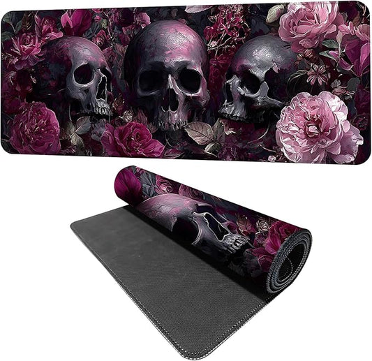 Gothic Skulls and Roses Artistic Mouse Pad – 31.5" x 11.8" Large Extended Desk Mat with Dark Floral Design – Perfect for Gothic, Victorian, and Alternative Aesthetics