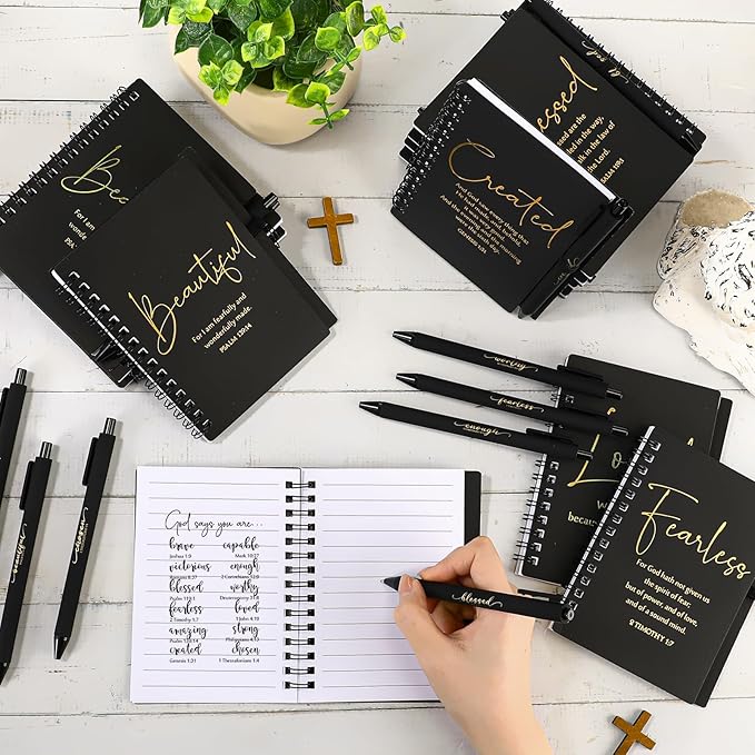 Kosiz 24 Sets Inspirational Christian Gifts Bulk Christian Notebooks Prayer Journals with Pens Spiral Bible Journals Religious Gifts for Church Grandparent Pastors Day Sunday School (Black)