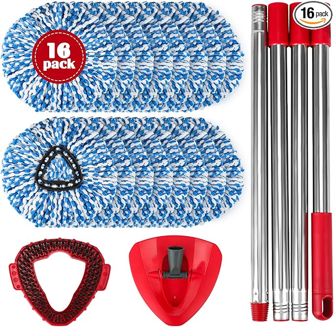 Spin Mop Replacement Set for O-Ceda RinseClean 2-Tank System, 16 Microfiber Spin Mops Refills,1 Scrubber Head,1 Triangle Spin Base,and(31-63in) Adjustable Handle Set Combo