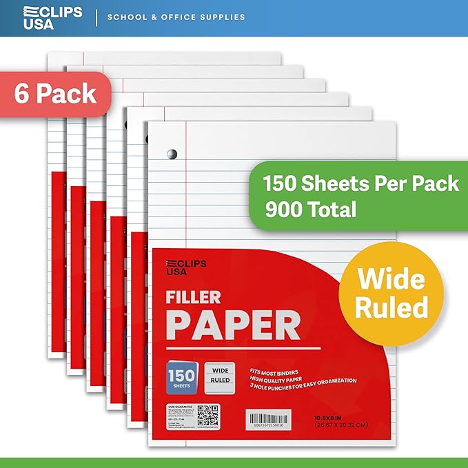 Wide Ruled Notebook Paper, Loose Leaf Filler Paper, 10.5” x 8”, 56 gsm, 900 Sheets, 150 Per Pack (6 Pack)