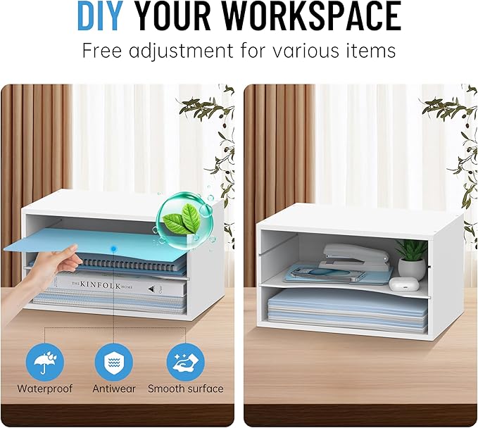 Wood Desk Organizer, 3 Tier Paper Tray Organizer for Desk with Adjustable Storage Shelves, Desktop Paper Sorter Mail Holder for Office Home Classroom, White