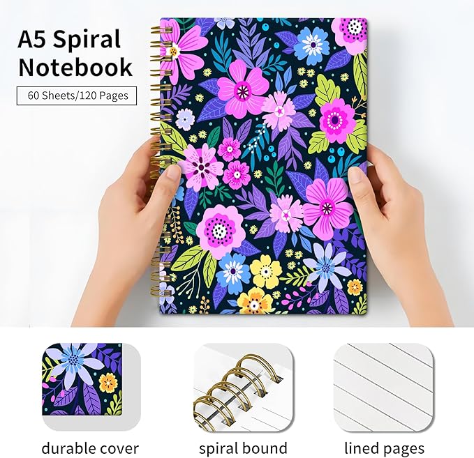 Spiral Journal Notebook, Hardcover Lined Journal for Women, Medium 6 x 8.4 in, 120 Pages Thick Paper, College Ruled Notebook for Writing, Work, Office, and School,Flower Purple