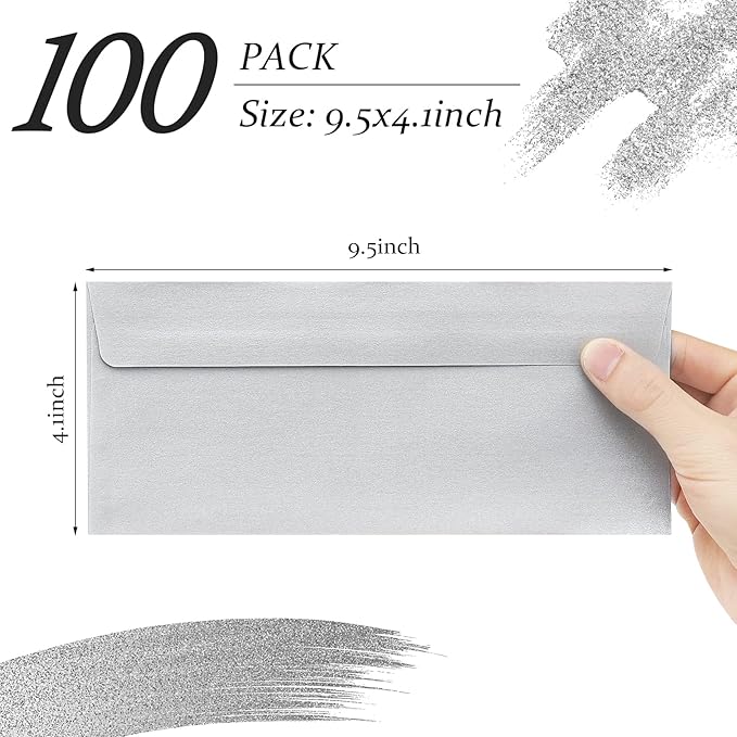 100 Pack Metallic Silver Envelopes #10 Business Envelopes 4-1/8 x 9-1/2 Self adhesive Mailing Envelopes for Office, Business Letterhead, Invoices, Personal Mailing, Letters, Unique Invitations