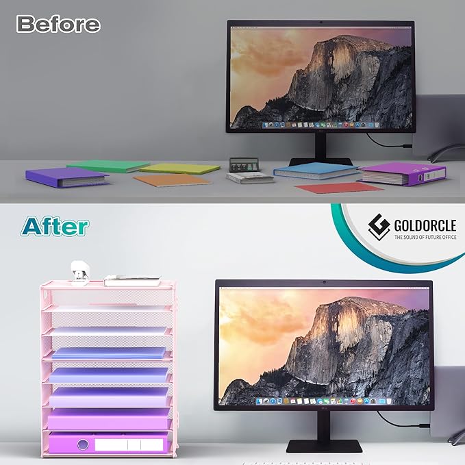 8 Tier Paper Letter Tray Organizer with Handles, Mesh Desk File Holder Storage Organization for Home School Classroom & Office (Pink)