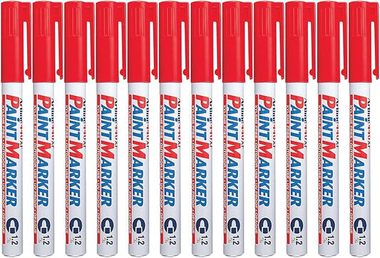 Artline 440XF Paint Markers for Wood, Plastic, and Canvas, Waterproof Marker for Indoor/Outdoor Applications, Opaque Coloring Markers with 1.2mm Bullet Tip - Red, 12 Pack