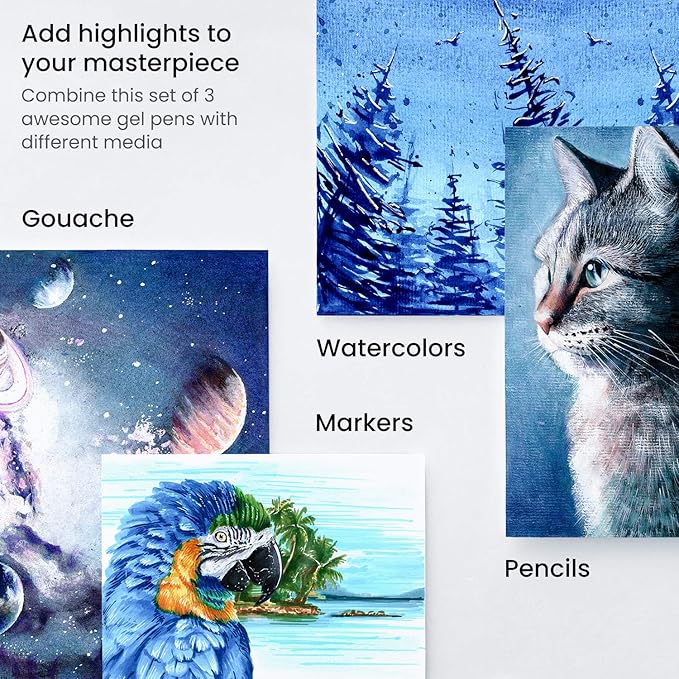 ARTEZA White Gel Pens, Pack of 3, White Rollerball Pens for Artists, Ideal for Drawing and Writing