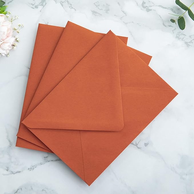 PONATIA 50PCS A7 Euro Flap Envelopes, 5.25 x 7.25'' Burnt Orange Flowers Liner Envelopes for 5x7 Wedding Invitations, Photos, Postcards, Greeting Cards, Christmas Gift Cards, Acrylic Mailing