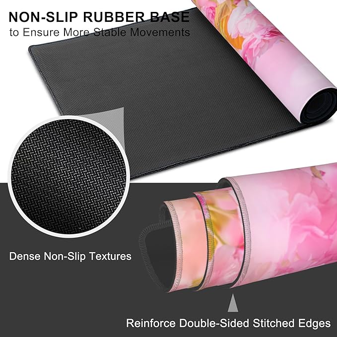 Mouse Pad, Large Pink Sakura and Butterfly Desk Mat, Extended Non-Slip Gaming Keyboard Mousepad Desk Pad, Thick Stitched Edges Waterproof Mouse Mat 31.5"x15.7" (Blossoming Cherry Flowers)
