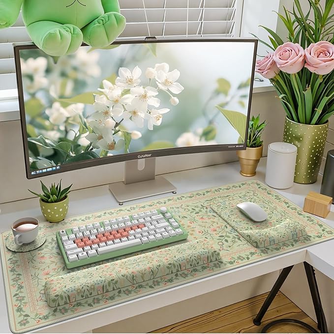 iCasso Mouse Pad with Wrist Rest,Large Desk Mat Set,Ergonomic Keyboard Pad with Wrist Support,Non-Slip Mouse Mat for Women,Cute Floral Computer Mat for Home Office Gaming (Light Green)