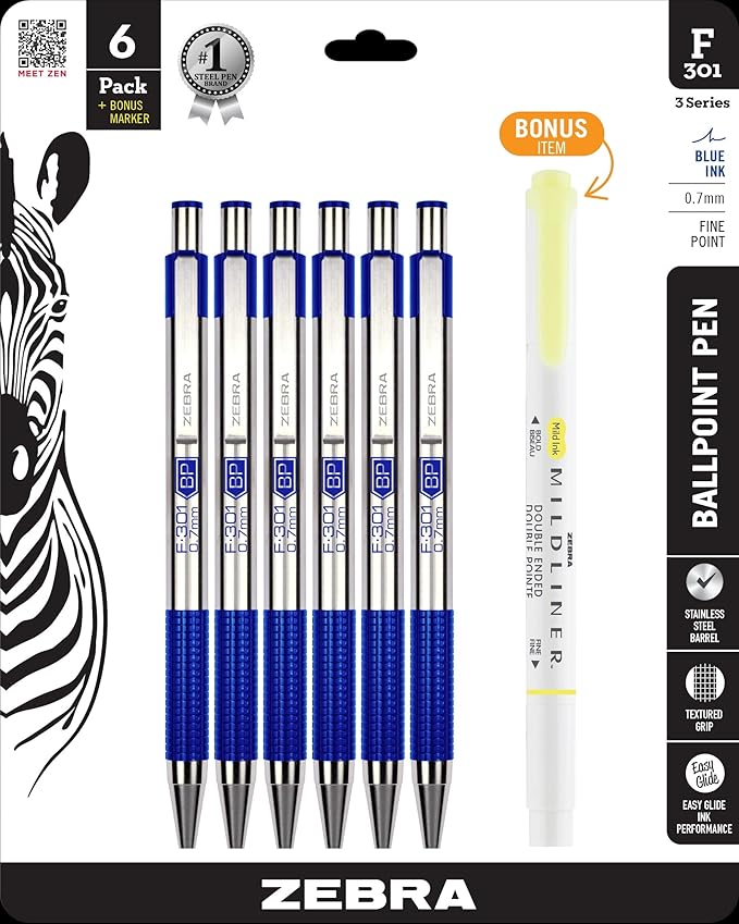 Zebra Pen F-301 Ballpoint Fine Point 0.7mm Stainless Steel Retractable Ballpoint 6-Pack with Bonus Mildliner Highlighter – Easy-Glide Ink, Non-Slip Grip, Metal Clip, Refillable with F-Refill (27193)