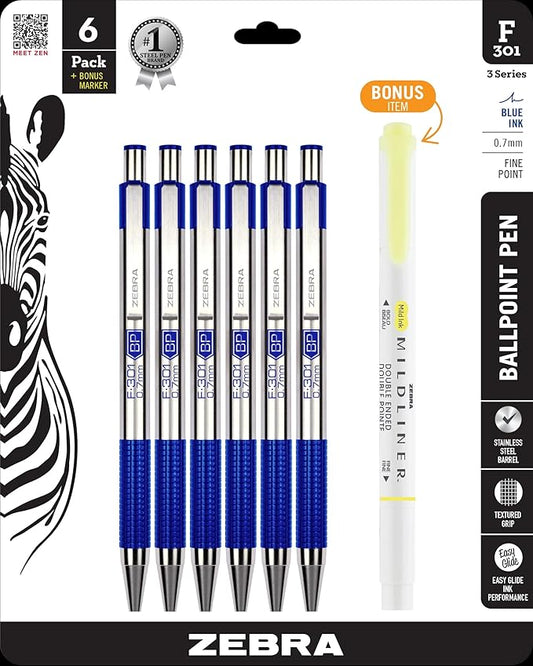 Zebra Pen F-301 Ballpoint Fine Point 0.7mm Stainless Steel Retractable Ballpoint 6-Pack with Bonus Mildliner Highlighter – Easy-Glide Ink, Non-Slip Grip, Metal Clip, Refillable with F-Refill (27193)