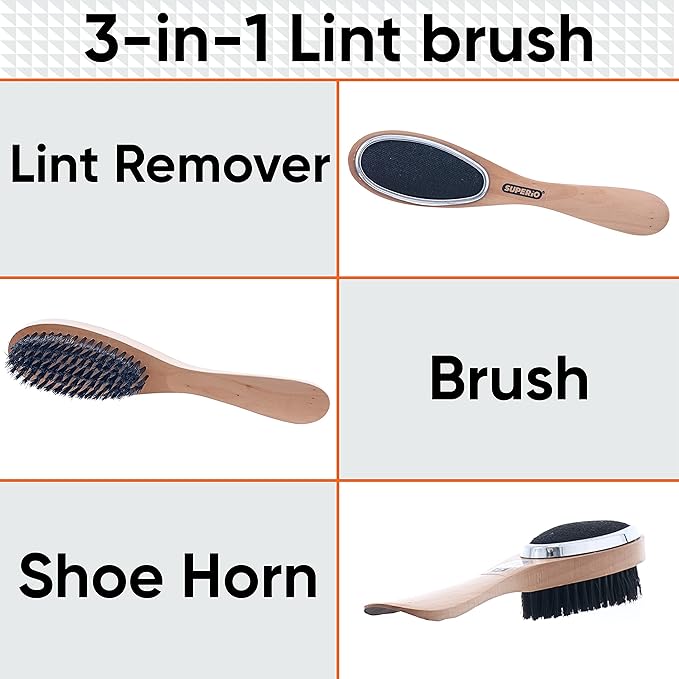 Superio 3 in 1 Lint Brush and Shoe Horn for Suit, Wool Coat, Sweaters, Shoes - Double Sided Portable Pet Hair Remover with Wood Handle