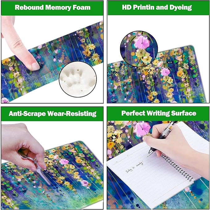 ARTSO Large Gaming Mouse Pad Set, Keyboard Wrist Rest Support + Mouse Wrist Cushion + Extended Mousepad + Coaster, 35x15.5in Multifunctional Desk Mat 4pcs, Oil Painting Flowers