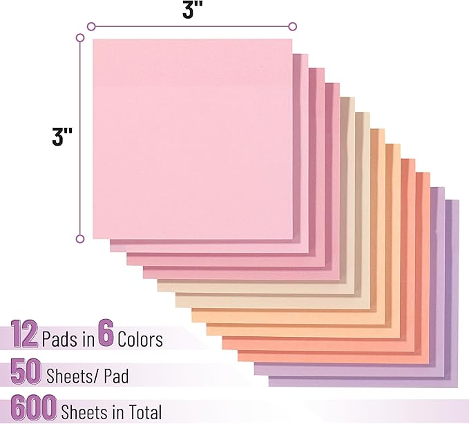 Mr. Pen- Sticky Notes, 3”x3”, 12 Pads, 600 Sheets, Colorful Sticky Notes 3x3, Sunset Sorbet