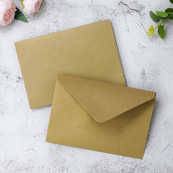 PONATIA 50 PACK A7 Envelopes, 5.25 x 7.5'' Dark Gold Shiny Envelopes For 5x7 Weddings Invitation Cards, Graduation Invite, Acrylic Invitations, Photos…