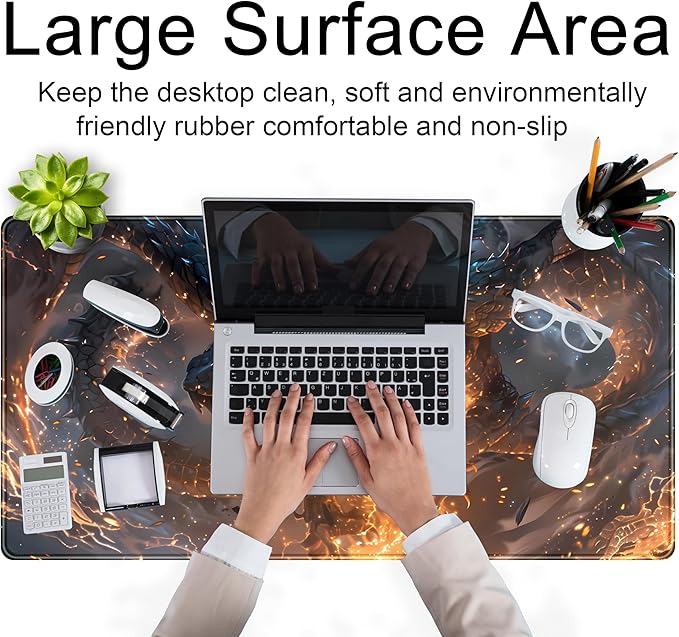 Cute Anime Dragon Desk Mat Kawaii Mouse Pad Gaming XXL Large Extended Desk Matt for Desktop with Stitched Edges, Laptop Computer Keyboard Mouse Mat for Women Office Decor Accessories 31.5''x15.7''