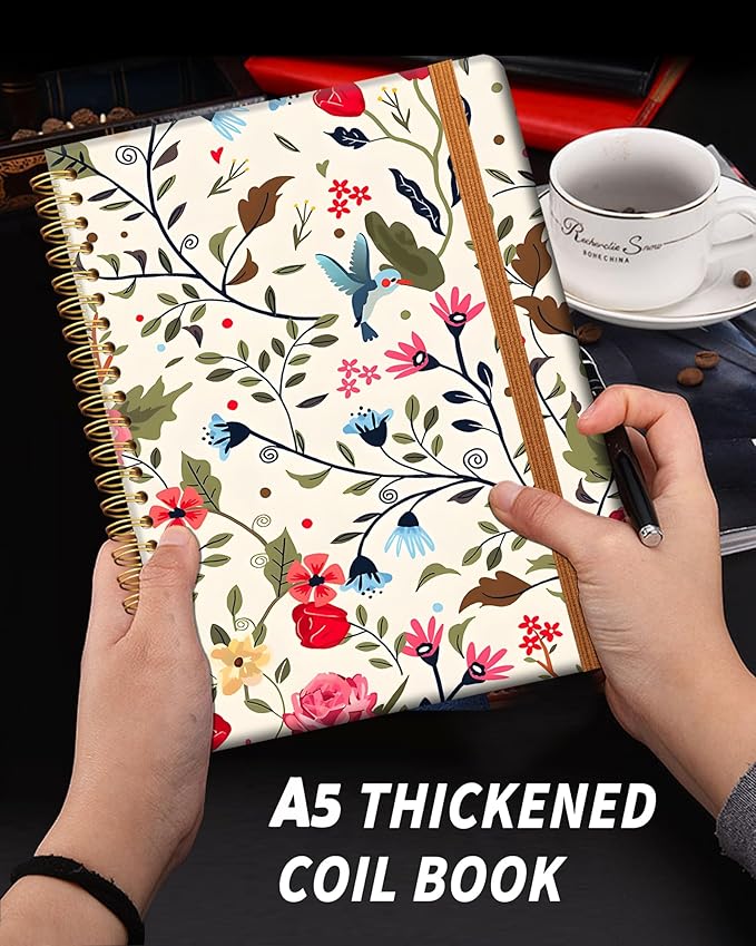 Ruled Spiral Writing Notebook,A5 Hardcover Lined College Journal for Women,Strong Twin-Wire Binding with Premium Paper,8.4" X 6",Perfect for School,Office,Home(Vintage Bird Butterfly)