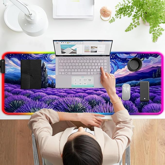 RGB Fantasy Starry Night Lavender Field Gaming Desk Mat, Computer Keyboard Large Extended Long Floral LED Mouse Pad for Office and Home, XL (W27)