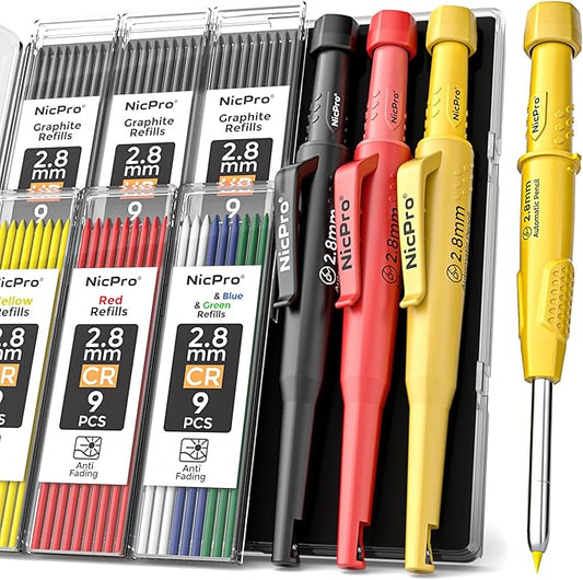 Nicpro 3 Pack CP3000 Carpenter Pencils with Sharpener, Carpenter Mechanical Pencil Set with 57 Refills, Heavy Duty Woodworking Tools Construction Pencil for Architect Marking (Red, Black, Yellow)