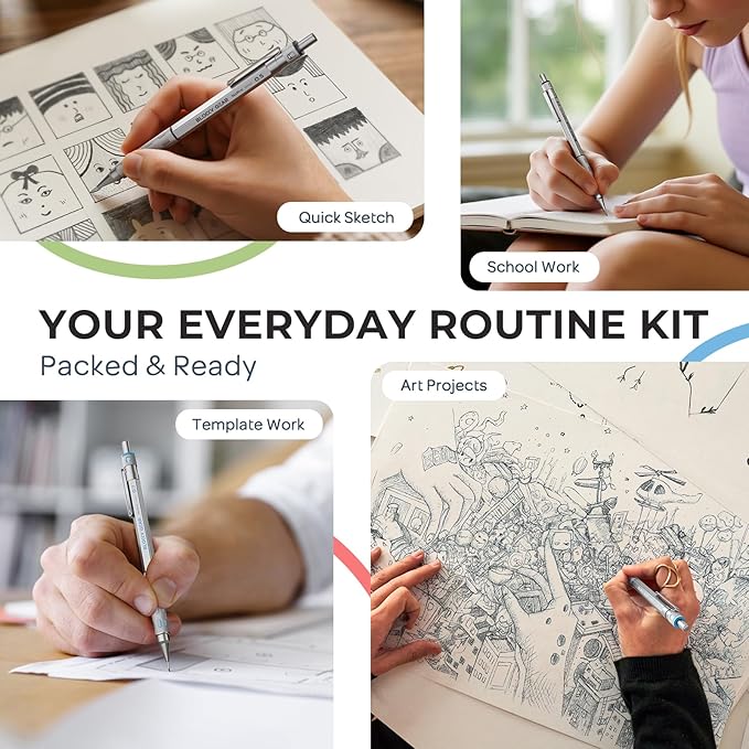 Nicpro Blocky Gear 0.5 mm & 0.7 mm Mechanical Pencils Set in Case, Metal Pencil with 6 Tube Lead Refills, Eraser, Eraser Refills for Professional & Adult Art Writing Drafting Drawing Sketching