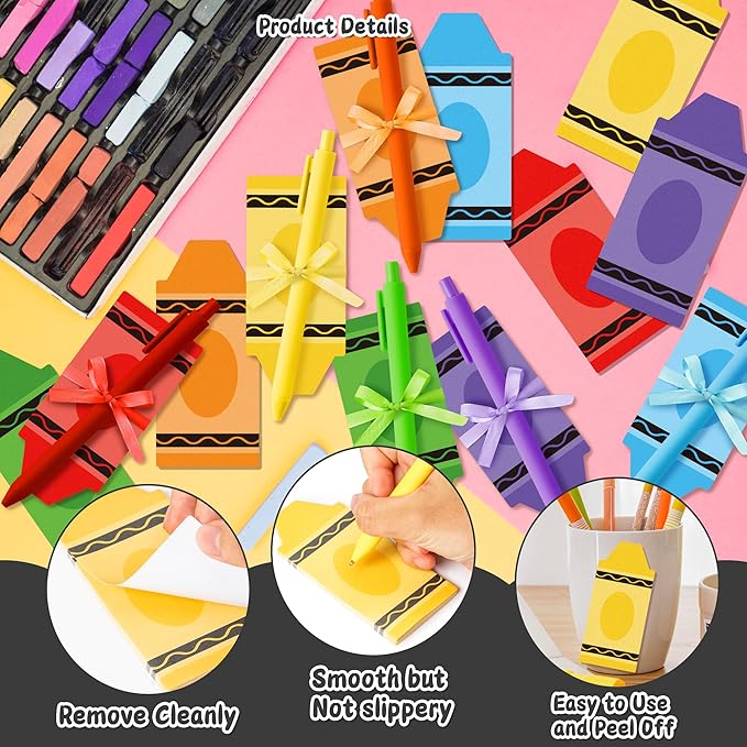 Bright Colors Sticky Notes - 72pcs Cute Crayon-Shaped Super Self Sticky Strong Adhesive Pastel Note Pads Pens Ribbon Set Sticking Power Memo Stick Pads Back to School Supplies Office Products