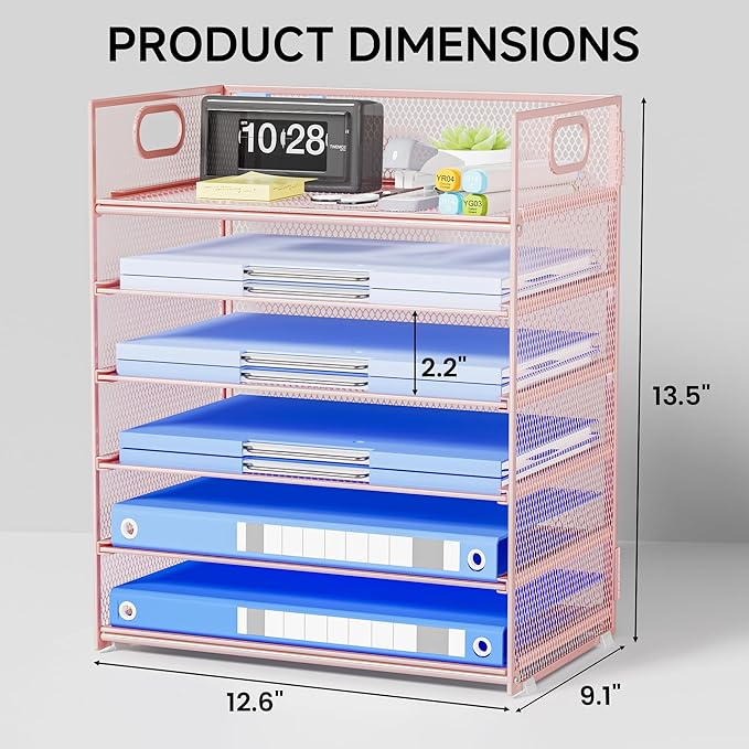 6-Tier Mesh Paper Organizer, Pink Letter Tray with Handle, Office Desk Accessories, 12.6L x 9.1W x 13.5H inches