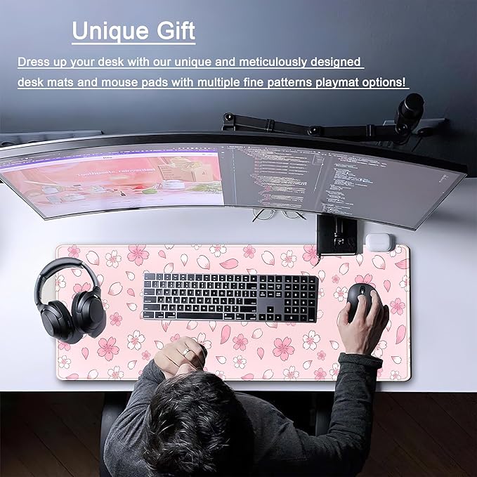 Cherry Blossom Mouse Pad Kawaii Pink XL Large Extended Gaming Desk Mat Cute Pastel Anime Desk Pad Aesthetics Laptop Keyboard Mouse Mat Women Office Decor Mousepad with Stitched Edges 31.5''x11.8''