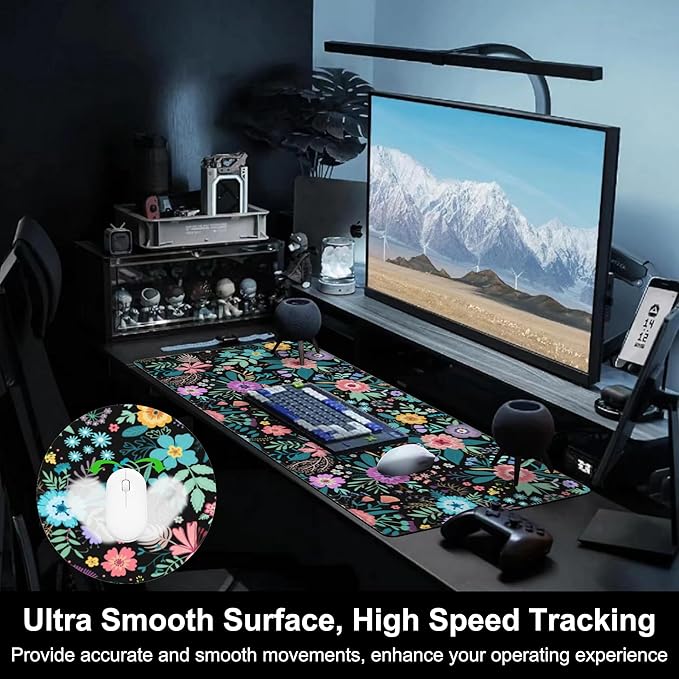 Mouse Pad, Large Colorful Flowers and Plants Desk Mat, Extended Non-Slip Gaming Keyboard Mousepad Desk Pad, Thick Stitched Edges Waterproof Mouse Mat 31.5"x15.7" (Beautiful Floral)