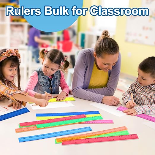 12 Inch Plastic Rulers, 32 Pack Assorted Colors Transparent Ruler Bulk, Metric Rulers with Inches and Centimeters, Straight Ruler Measuring Tool for Student Office Home Back to School Supplies