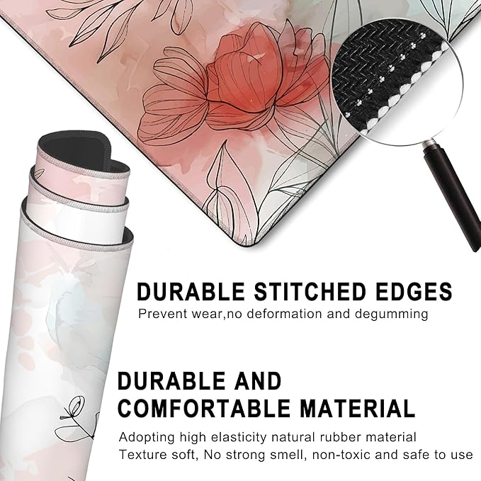 Gaming Mouse Pad, Colorful Abstract Boho Flower Leaves Large Desk Mat for Keyboard and Mouse,Non-Slip Rubber Base and Stitched Edges Desk Pad for Home Office 35.4x15.7in