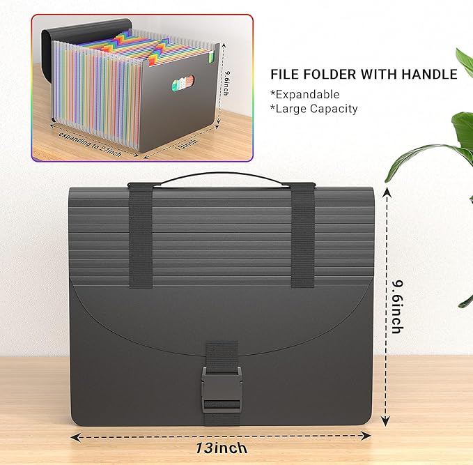 Marati 25 Pockets Expanding File Folders with Handle,Accordion File Organizer,Portable Filing Box,Colored Tabs for Document Paper,A4/Letter Size,Black
