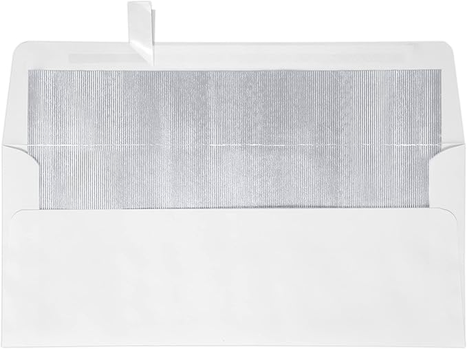 LUXPaper #10 Foil Lined Business Envelopes | Peel & Press | 4 1/8" x 9 1/2" | White w/Silver LUX Lining | 60lb. Text | 50 Qty