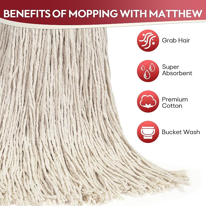 Matthew Cleaning 24oz 6Pack Cotton Floor Mop, Looped-Open String Heavy Duty Refills, Universal Headband Blend, Head Replacement for Home, Industrial and Commercial Use (White)