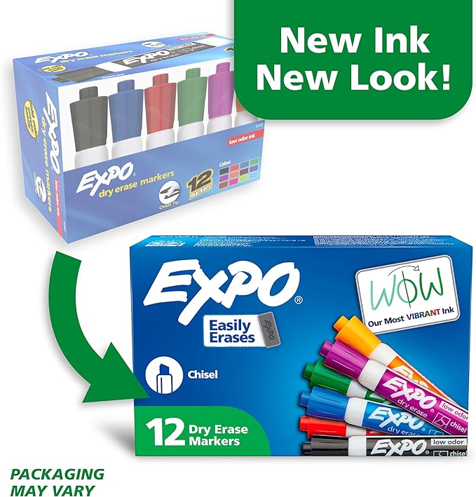 EXPO Low Odor Dry Erase Markers Chisel Tip Assorted Colors 12 Count