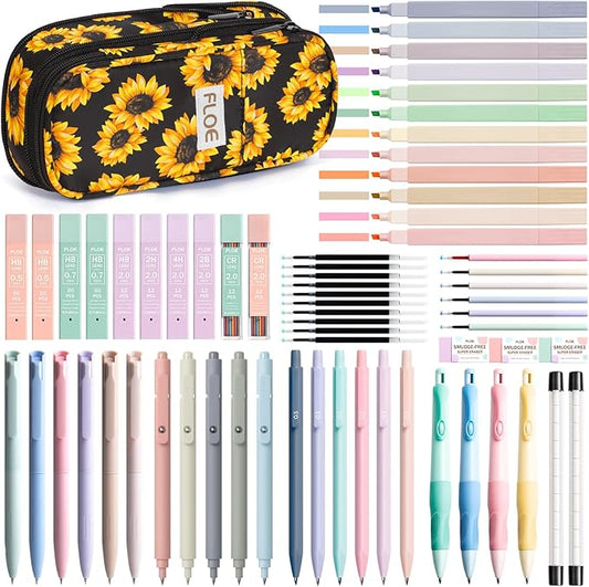 65PCS Aesthetic School Supplies with Cute Pencil Case, Pastel Highlighters Gel Pens Mechanical Pencils Set 0.5 0.7 & 2.0mm, Office Back to School Supplies College Essentials Kit Student Stationary Set