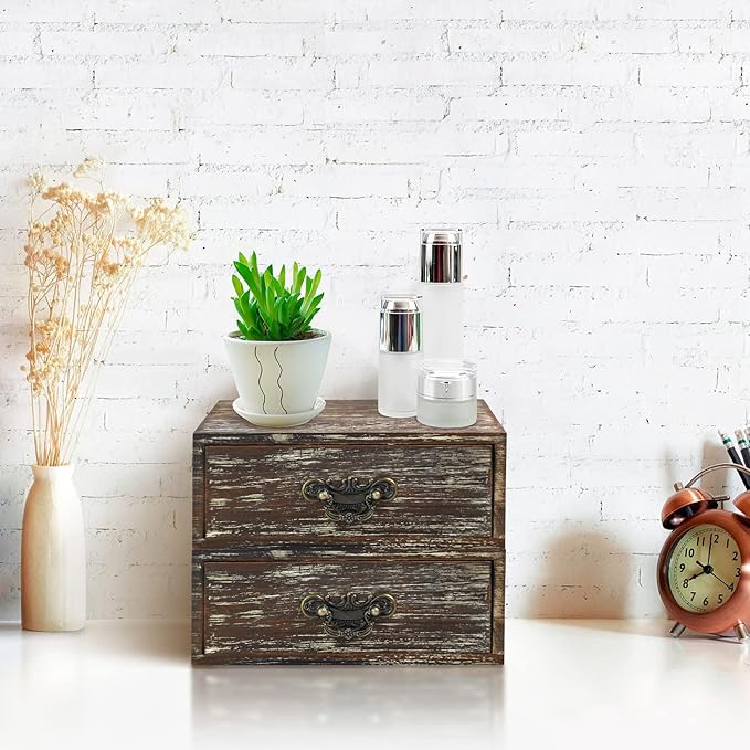 Office Desk Organizer Drawers Dark Brown Vintage 2pcs/set Small Wood Desktop Storage Box Farmhouse Kitchen Countertop Organizer Makeup Storage Box for Workspace Home Toiletries Supplies Vanity